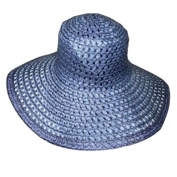 Vintage Navy Straw Wide Brim Sun Hat Dark Coastal Boho Open Basket Weave Floppy main image 2